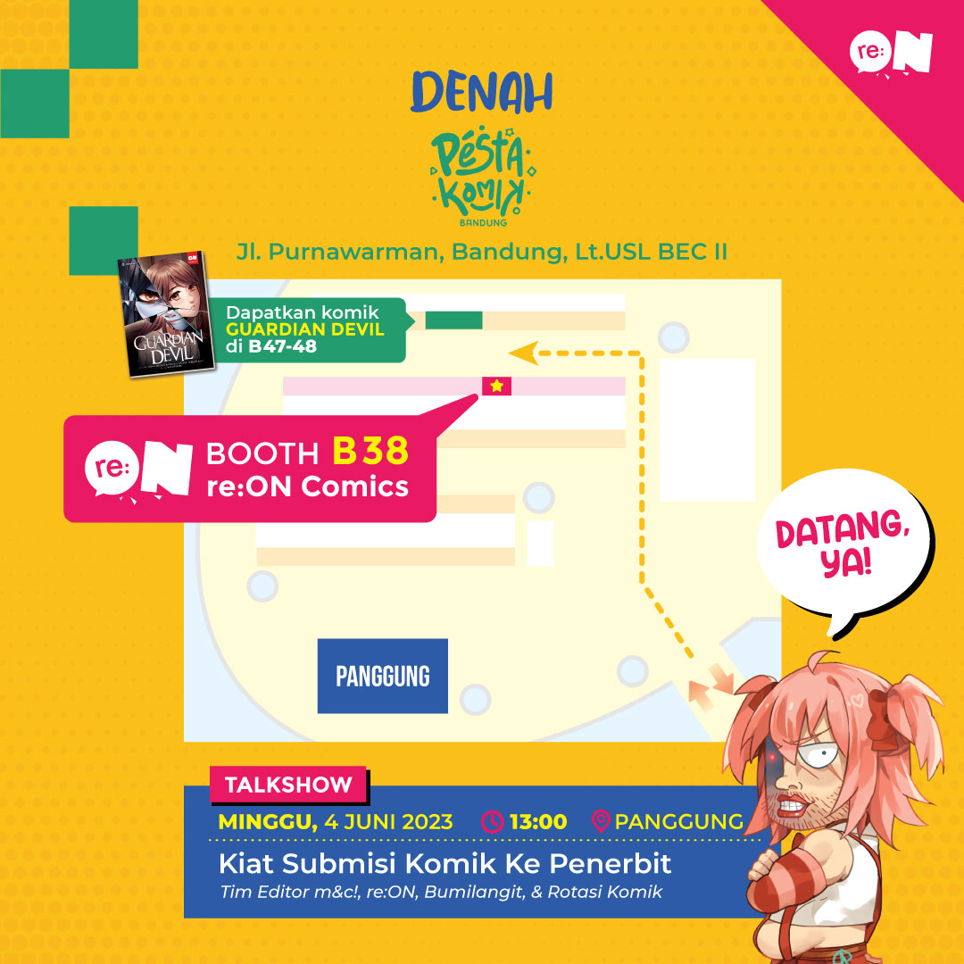 reoncomics's tweet photo. Selain itu, ikuti juga TALKSHOW "Kiat Submisi Komik Ke Penerbit" bersama Tim editor m&c!, re:ON, Bumilangit, dan Rotasi Komik!
📍 Istana BEC, Booth B38
🗓 Minggu, 4 Juni 2023
🕐 13:00 di panggung
Sampai ketemu di @peskombdg, Reonites!
#PeskomBandung2023 #reoncomics https://t.co/QbhWP85nEJ