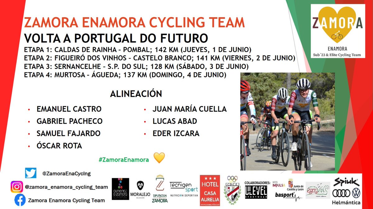 Después de 2 semanas de "descanso" este jueves volvemos a la carga con la ilusionante Volta a Portugal do Futuro🇵🇹
📌Con 4 etapones, nos alegra mucho estar presente en la cita de nuestro país hermano😍
💎Sera la oportunidad para ver a los más jóvenes del equipo
#ZamoraEnamora 💛
