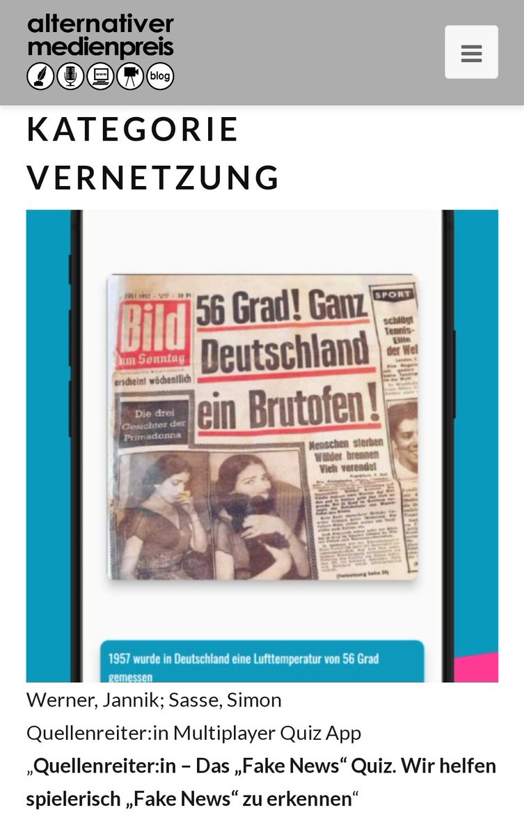 Jannik Werner (@jannikwerner_) on Twitter photo Für unsere Quiz App <a href="/QuellenReiterDE/">QuellenReiter - Das Fake News Quiz</a> haben wir den Alternativen Medienpreis 2023 gewonnen. Simon und ich freuen uns sehr! Vielen Dank, auch an den <a href="/prototypefund/">Prototype Fund</a> und an <a href="/okfde/">Open Knowledge Foundation Deutschland</a> fürs Möglichmachen :)
App Download: quellenreiter.app
#fakenews #Desinformation #opensource #app Für unsere Quiz App <a href="/QuellenReiterDE/">QuellenReiter - Das Fake News Quiz</a> haben wir den Alternativen Medienpreis 2023 gewonnen. Simon und ich freuen uns sehr! Vielen Dank, auch an den <a href="/prototypefund/">Prototype Fund</a> und an <a href="/okfde/">Open Knowledge Foundation Deutschland</a> fürs Möglichmachen :)
App Download: quellenreiter.app
#fakenews #Desinformation #opensource #app