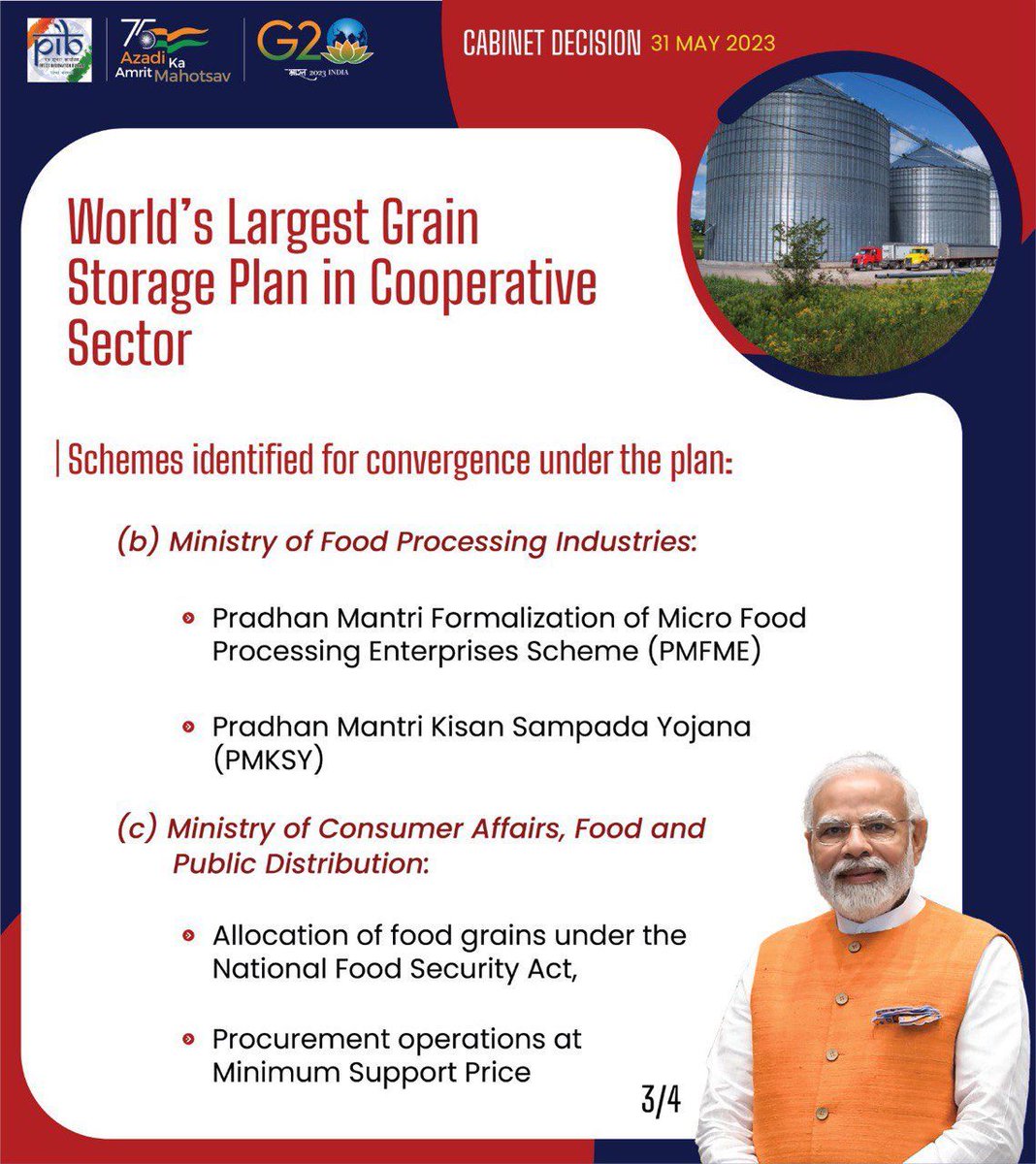 nitin_gadkari's tweet photo. Under the chairmanship of PM Shri @narendramodi Ji, the Union #Cabinet has approved the establishment and empowerment of an Inter-Ministerial Committee (IMC) for the facilitation of the world's largest grain storage plan in the cooperative sector. This plan aims to significantly reduce the costs associated with the transportation of food grains to procurement centers and the subsequent transportation of stocks from warehouses to Fair Price Shops (FPS).

#CabinetDecisions