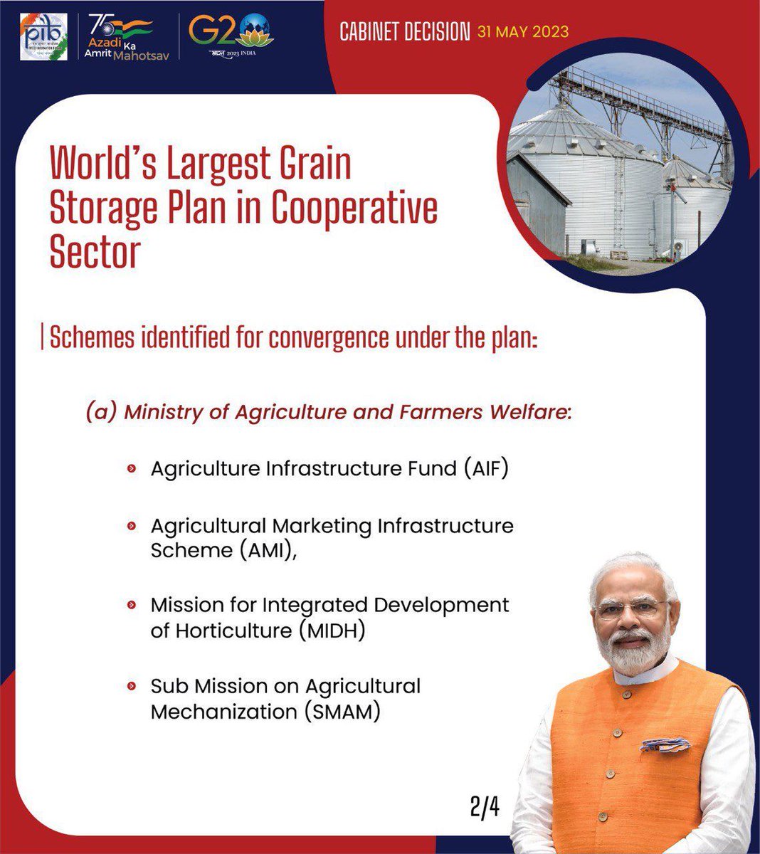 nitin_gadkari's tweet photo. Under the chairmanship of PM Shri @narendramodi Ji, the Union #Cabinet has approved the establishment and empowerment of an Inter-Ministerial Committee (IMC) for the facilitation of the world's largest grain storage plan in the cooperative sector. This plan aims to significantly reduce the costs associated with the transportation of food grains to procurement centers and the subsequent transportation of stocks from warehouses to Fair Price Shops (FPS).

#CabinetDecisions