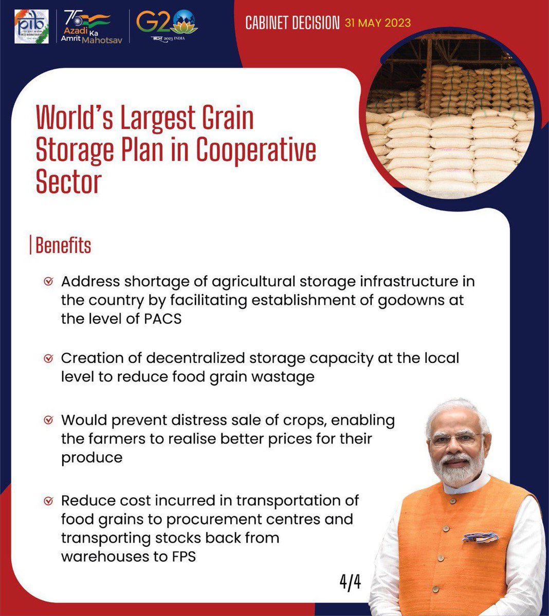 nitin_gadkari's tweet photo. Under the chairmanship of PM Shri @narendramodi Ji, the Union #Cabinet has approved the establishment and empowerment of an Inter-Ministerial Committee (IMC) for the facilitation of the world's largest grain storage plan in the cooperative sector. This plan aims to significantly reduce the costs associated with the transportation of food grains to procurement centers and the subsequent transportation of stocks from warehouses to Fair Price Shops (FPS).

#CabinetDecisions