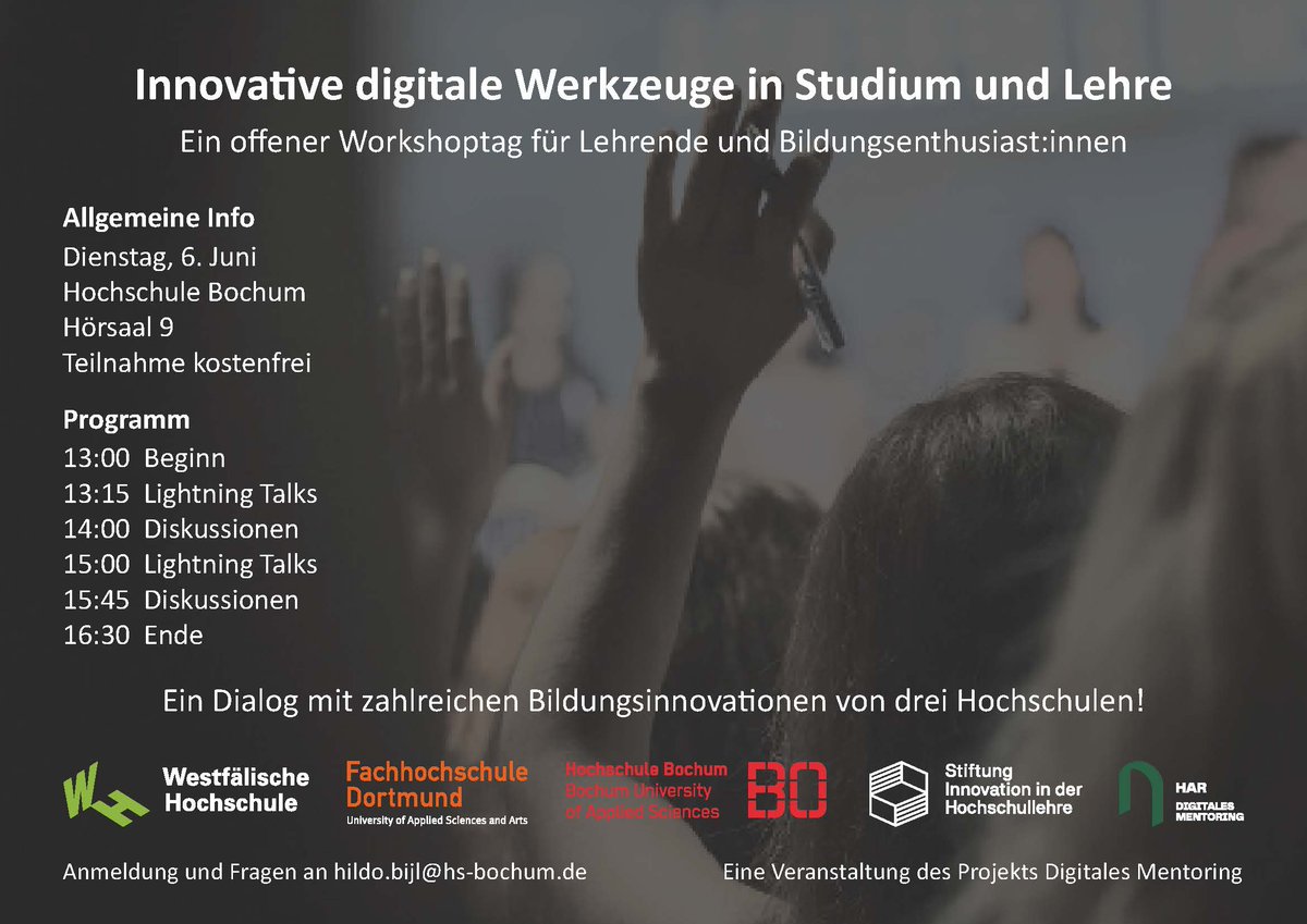 HochschuleBO's tweet photo. Entdecke am 6. Juni an der Hochschule #Bochum innovative digitale Werkzeuge in #Studium und Lehre. Zehn Bildungsinnovationen von drei Hochschulen werden präsentiert. Diskussionen und Networking inklusive. 💬👥
_______
Anmeldung und Programm: https://t.co/yKVksdap3h
#hsbo #lehre https://t.co/KP2CGiDRMB