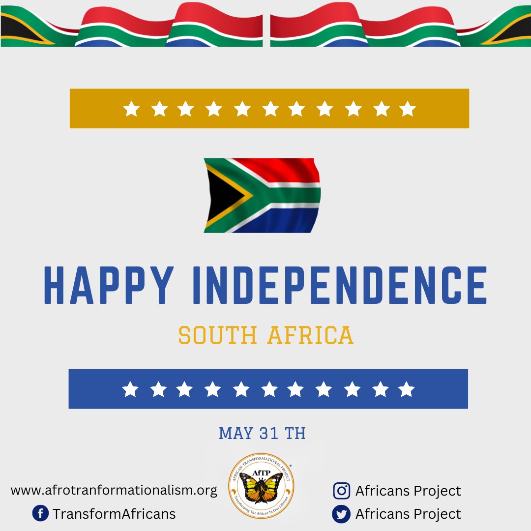 AfricansProject's tweet image. 🇿🇦 Happy Independence Day, South Africa! 🎉

Today, we celebrate the resilience of the South African people who fought for freedom. Let's embrace the diversity, unite, and build a future of equality, inclusivity, and opportunity. #SouthAfricaIndependence #AfTP