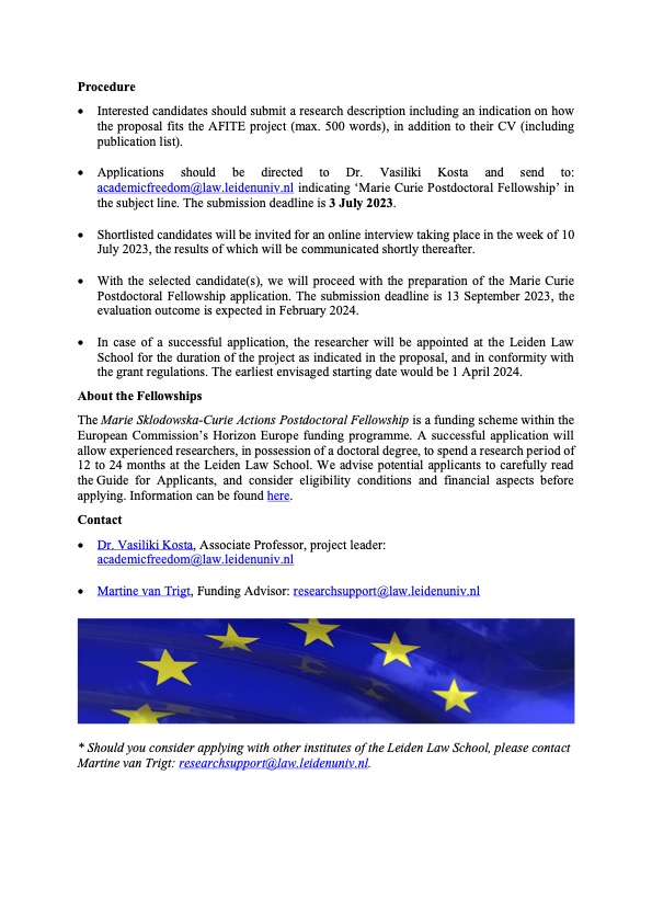 Come work with us! 🚀 The @LeidenLaw invites researchers to apply for a @MSCActions Postdoc Fellowships for the project ‘The EU fundamental right to ‘freedom of the arts and sciences’: exploring the limits on the commercialisation of academia’. More info: tinyurl.com/afitemsca