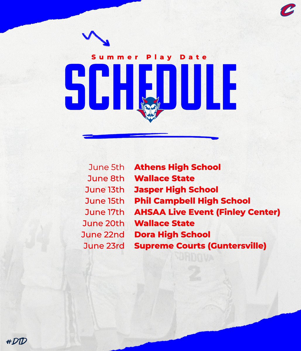 CordovaHoops's tweet photo. Summer Schedule 🔥‼️

Come get an early look at the 2023-2024 Blue Devils. 

#DTD https://t.co/CwxHtLK2vQ