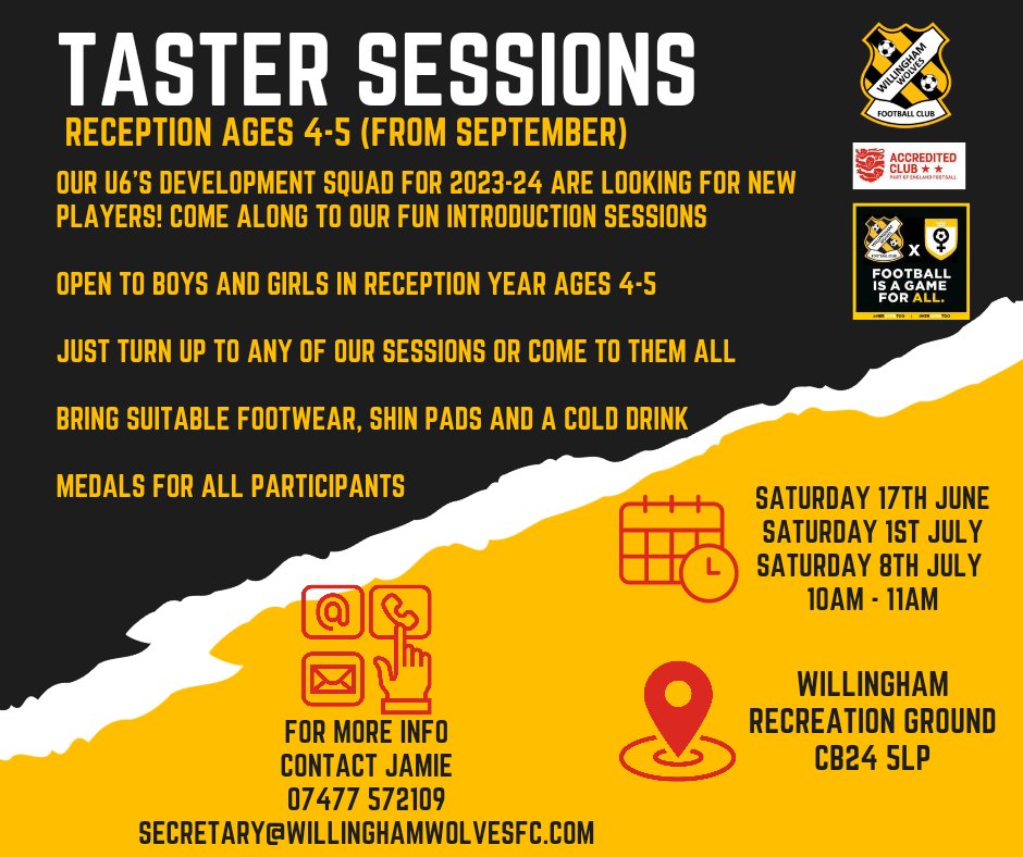 Planning starts now for the next generation of Wolves players. We are holding 3 taster sessions for boys and girls who will be starting reception in September. 

Saturday 17th June, Saturday 1st July and Saturday 8th July - 10am till 11am

🏅 For all those attending

For more