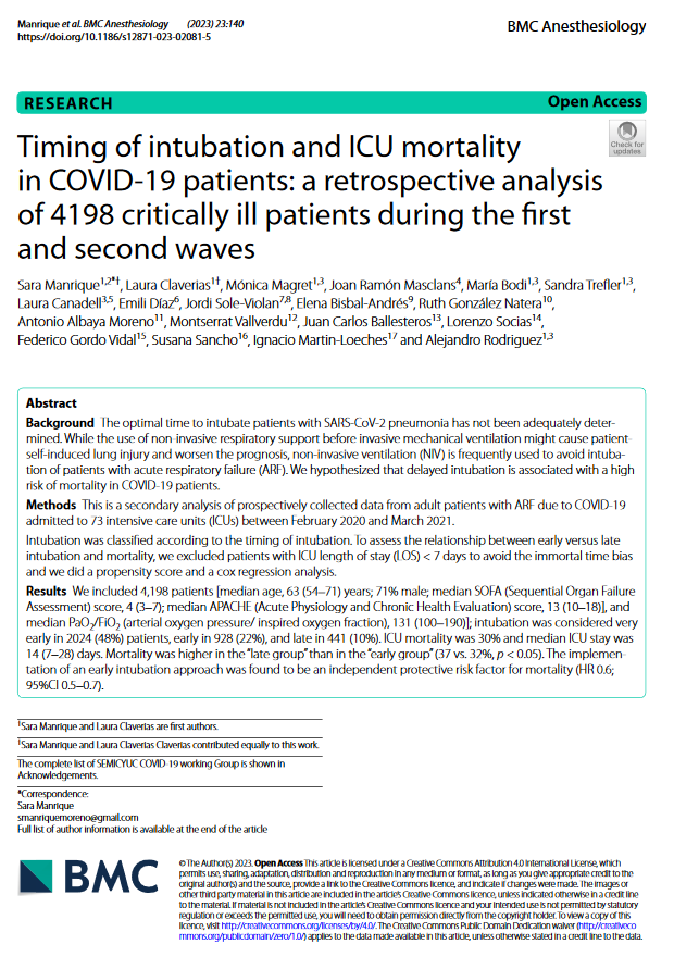 Nou article a #Docusalut Timing of intubation and ICU mortality in #COVID19 patients: a retrospective analysis of 4198 critically ill patients during the first and second waves buff.ly/3I6x0mg @lsocias3 @SonLlatzer #PublicaSalutIB