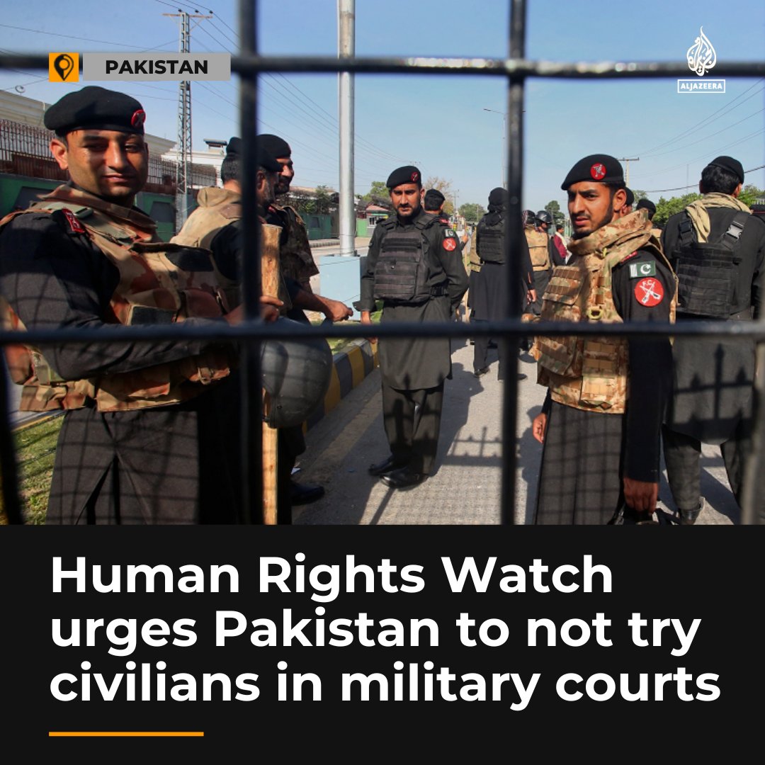 HRW says military court practice violates international law after at least 45 supporters of Pakistan's ex-PM Imran Khan are handed over to the military for trial aje.io/h5ewnn