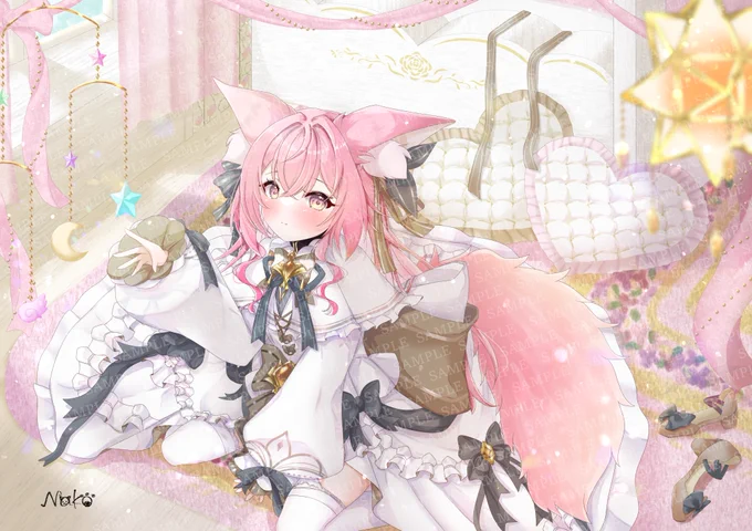 ご依頼いただいたものが納品したのでお披露目です!以前お顔のイラストも描かせていただいた、ご依頼主様のオリジナルっ子ちゃんの全身イラストです☆ 豪華な衣装とボリューミーなお耳やしっぽ、可愛いお部屋を一生懸命描かせていただきました! ご依頼ありがとうございました!