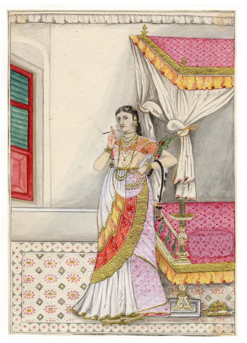 A Woman wearing a lavishly decorated Saree smokes her last Cigarette on #NoTobaccoDay (hopefully)!

c1810 AD #CompanyPainting from #Bengal now at @britishmuseum UK.
#TobaccoFreeIndia #TobaccoDay #WorldNoTobaccoDay2023 

@ranjona @DalrympleWill @swativashishtha @vijivenkatesh