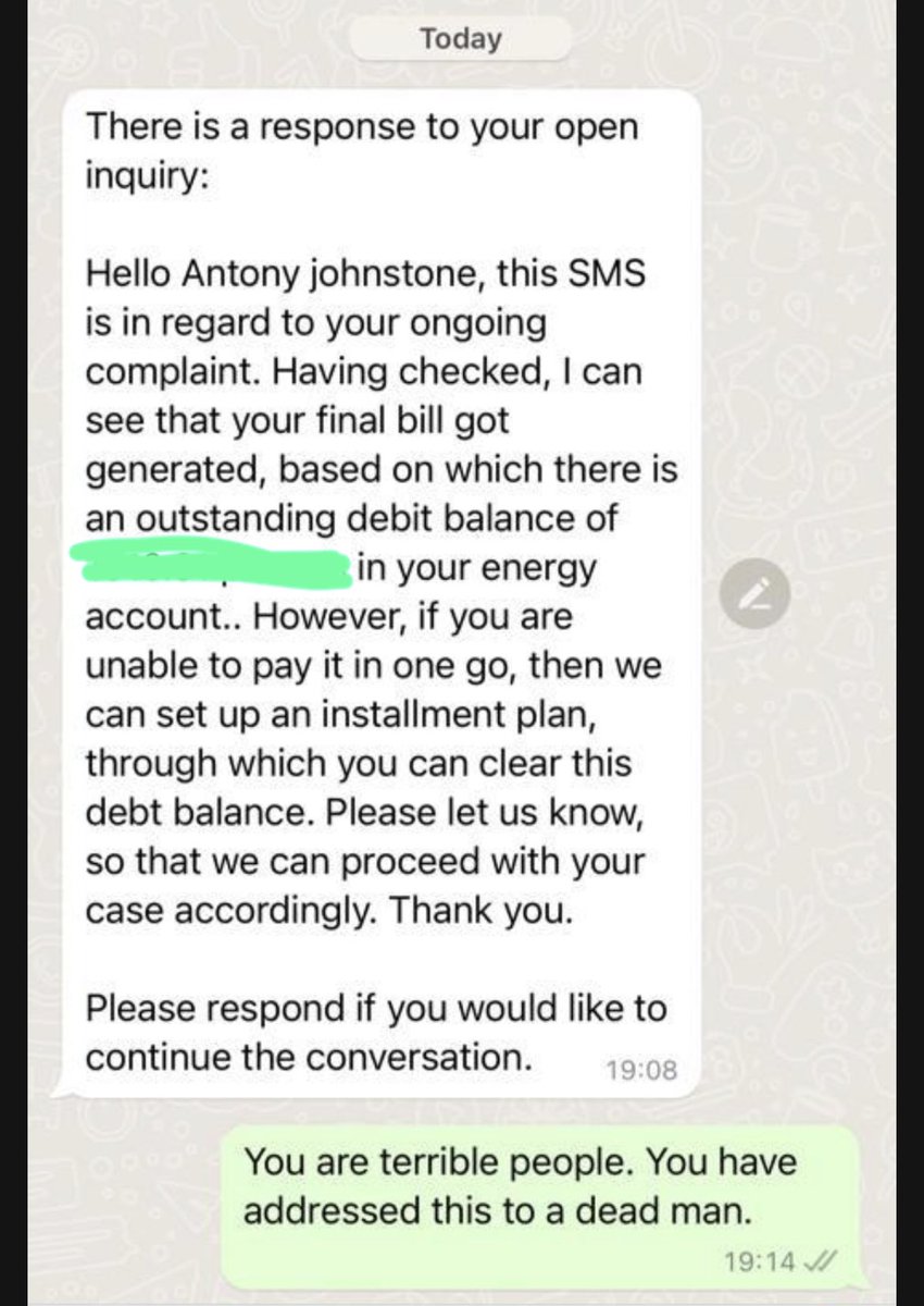 tashajohnstone's tweet photo. @edfenergy I’ve replied via DM and I’m now getting WhatsApp’s that aren’t even continuing from the last. 

@EdfIssues2023 completely agree with you, they have zero business etiquette and zero compassion - they’ve sent image 2/2 to my dad’s phone! https://t.co/WGFYCMZdRa