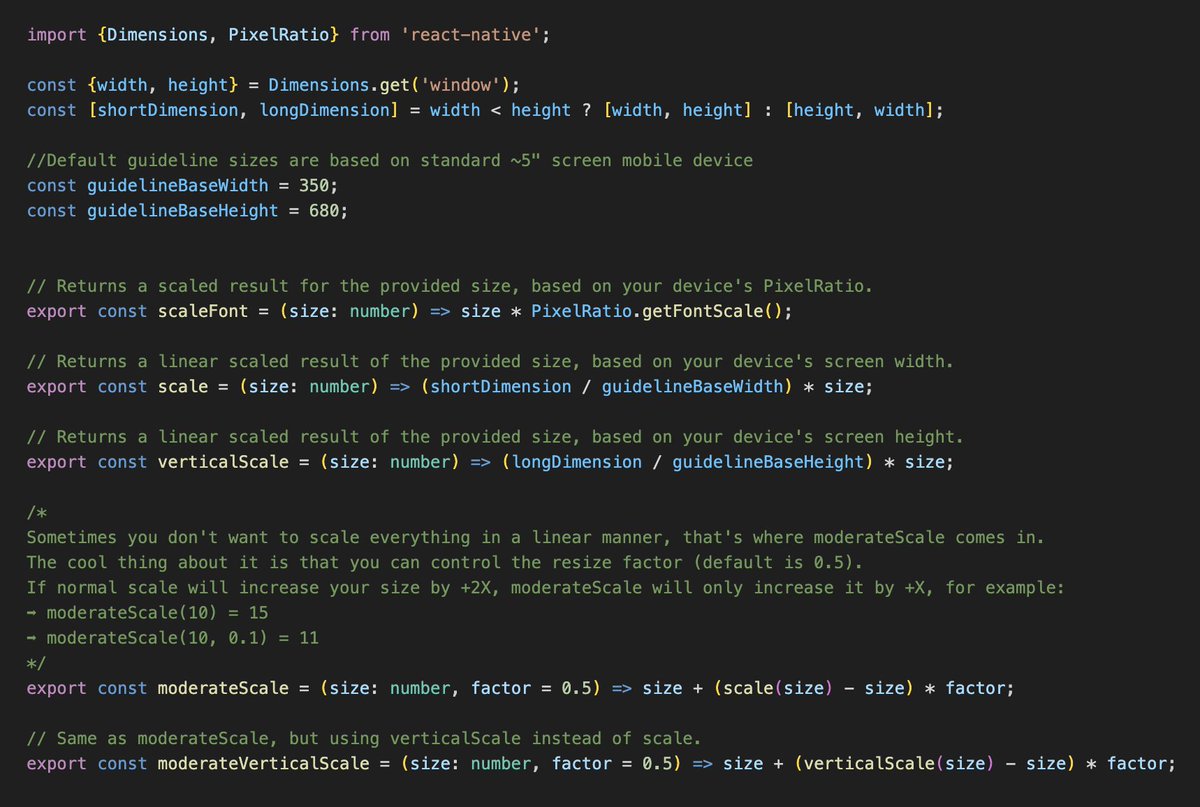 SkanderBlaiti's tweet image. This week, I decided to deep dive into #responsive design with #ReactNative.

After doing my research, I discovered that the best solution is to create a #Mixins file including scale functions for #Sizes and #Fonts.

Rather than, using #Breakpoints or Percentage-Based Dimensions.