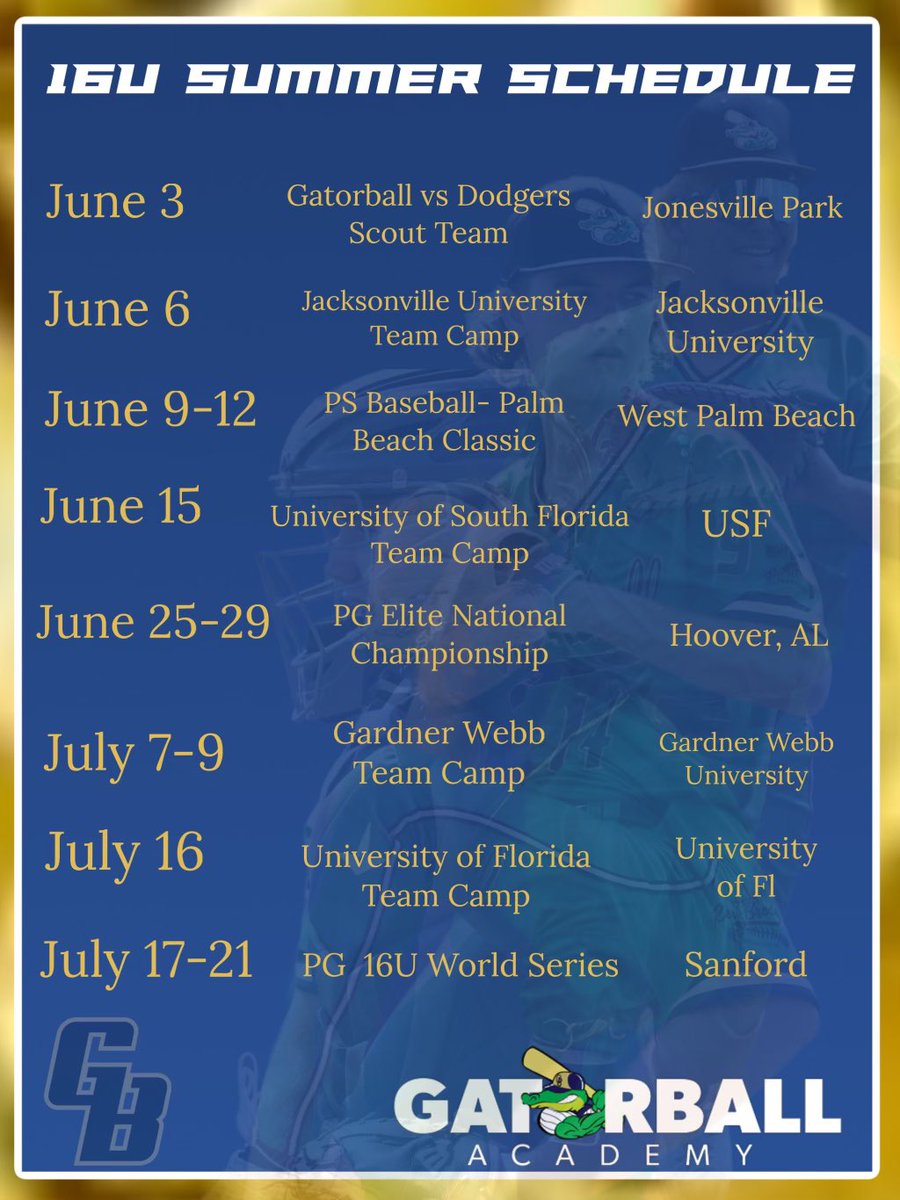 _Gatorball_'s tweet photo. *Summer Schedule* Mark us down to come see this summer! Rosters are filled with arms. https://t.co/N8nl5DZlYG