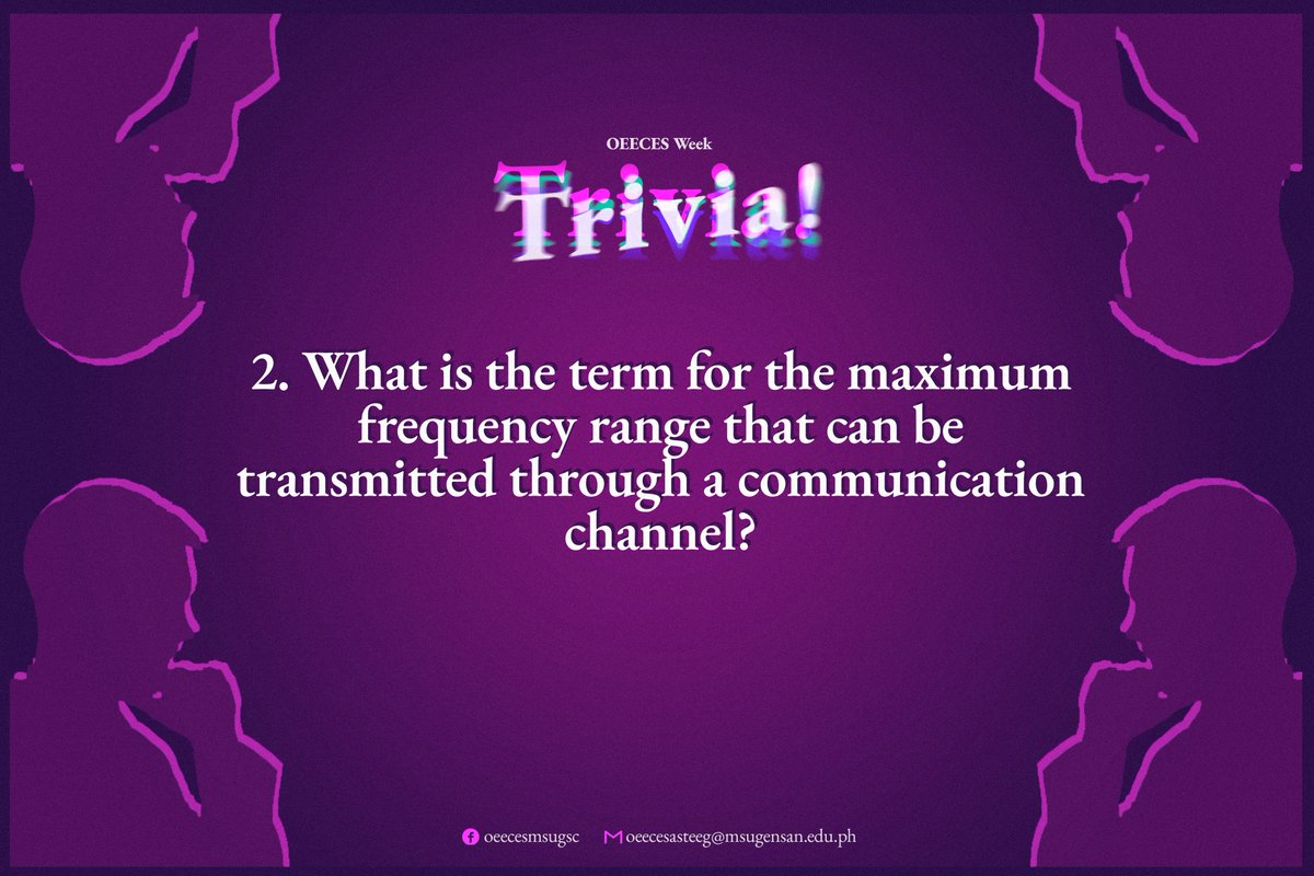 oeecesmsugsc's tweet photo. 𝐓𝐑𝐈𝐕𝐈𝐀 #𝟐

What is the term for the maximum frequency range that can be transmitted through a communication channel?

𝐀𝐧𝐬𝐰𝐞𝐫 𝐅𝐨𝐫𝐦𝐚𝐭:
ANSWER
#TeamHashtag https://t.co/WxGZv3pCbK