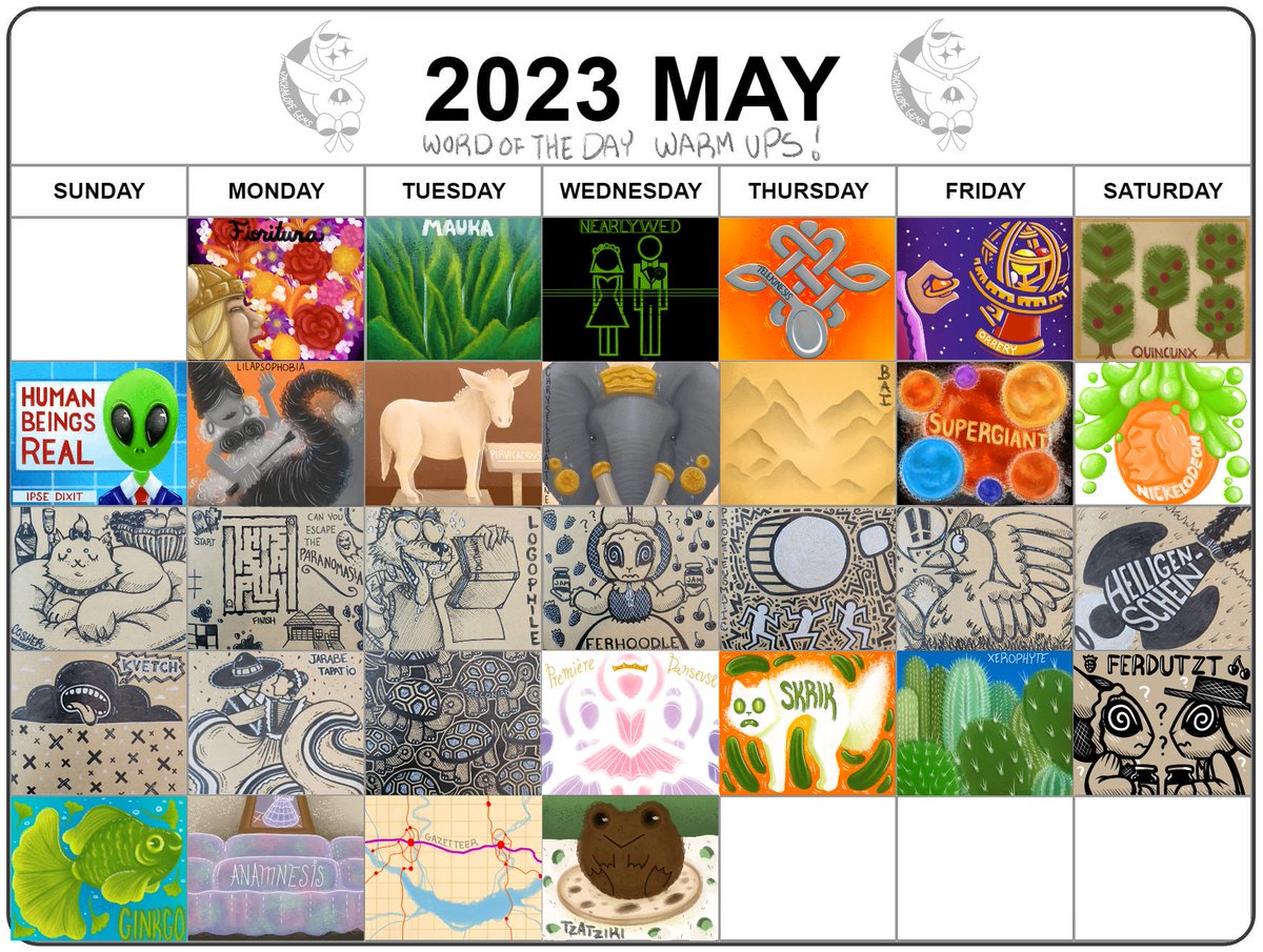 And here's month 5, May! I spent a lot of time visiting family, so enjoy yet another long stretch of hand-done warm ups! ONWARD TO JUNE, HALF-WAY POINT OF THE YEAR!