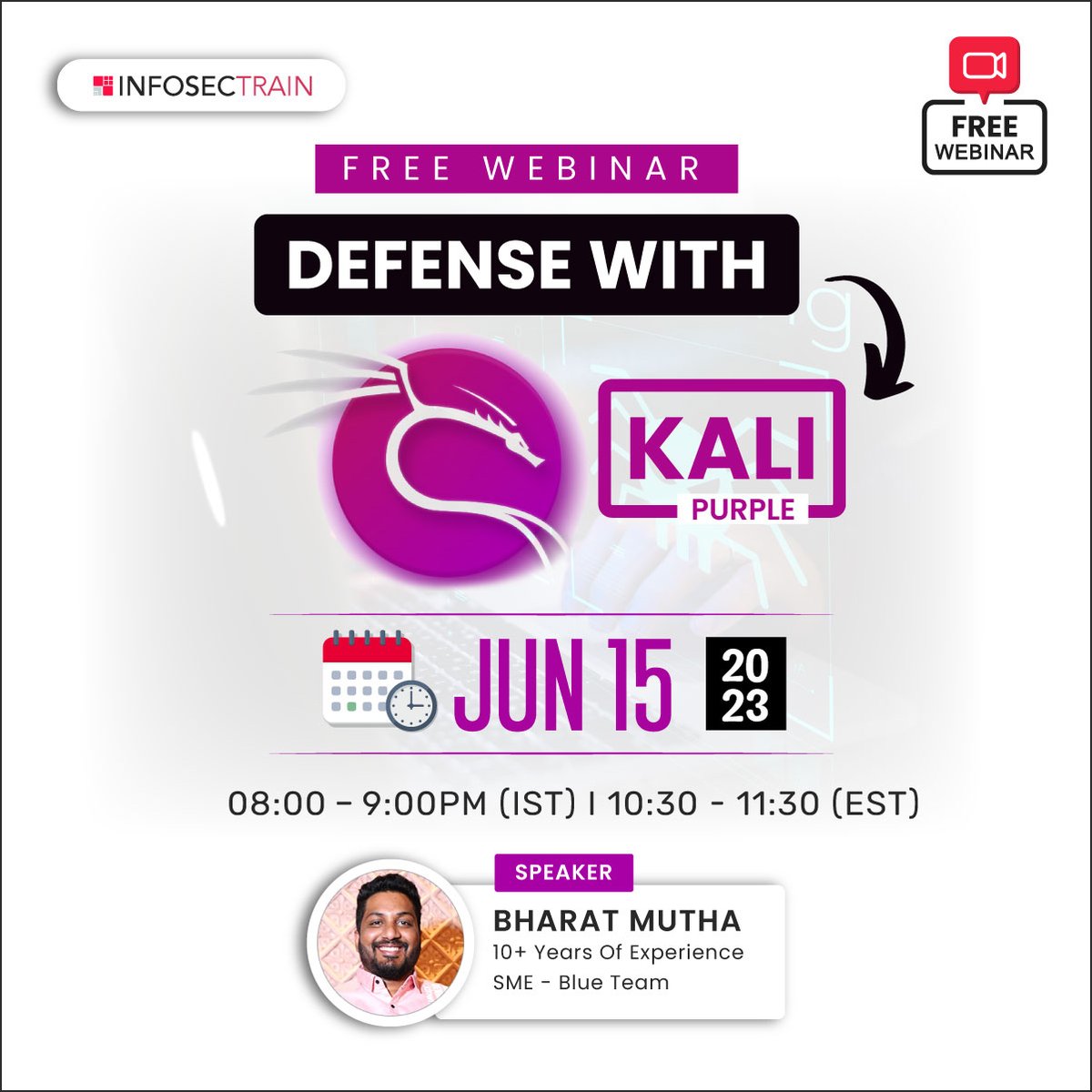 Infosec_Train's tweet photo. Defense with Kali Purple
Dateπ15th Jun (Thru) Time β°08:00 PM -09:00 PM (IST)
Speaker: Bharat
Register Now: https://t.co/W76qpJeU77
#metaspoit #freeworkshop #freewebinar #kalilinux #linux #snmp #networksecurity #security #cybersecurity #protocol #network #infosectrain https://t.co/jURq4bHCR2