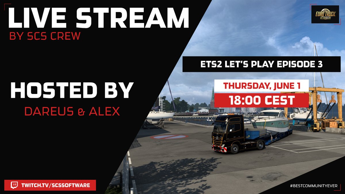 Join us tomorrow for Episode 3 of our ETS2 Let's Play Series 🚛

We might take a loan and already purchase our first truck. We’ll see if that will end up well... 😅

Follow us at: Twitch.TV/SCSsoftware 🔴
