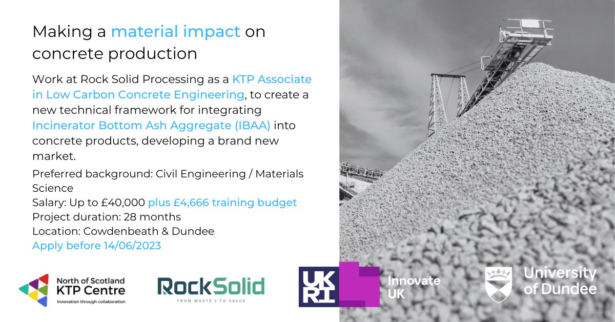 ktpnorthscot's tweet photo. Could you apply knowledge of #concrete and #construction #materials to establish a new market for #IBAA? Join Rock Solid Processing and
@dundeeuni
as a KTP Associate. Apply now! Further details at: https://t.co/BvOvxaw5iG 🖱 Search for a Job (external candidates only) >📷KTP https://t.co/4CAxiP3kXB