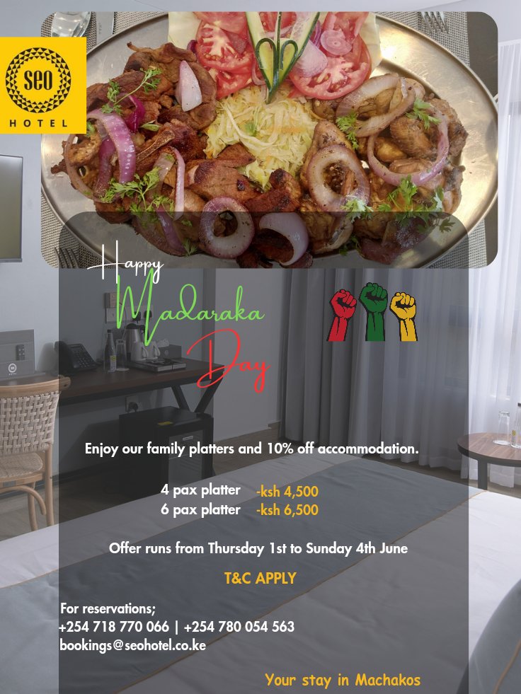Seomachakos2022's tweet photo. As we mark the journey of freedom, experience the pride of Madaraka Day at our hotel where we honor Kenya’s rich history and culture.  Enjoy exclusive offers; 10% discount off our accommodation and delicious family platters. Don’t miss out!
#machakoshotels #stayinmachakos
#masaku https://t.co/ccoD1NO8AU