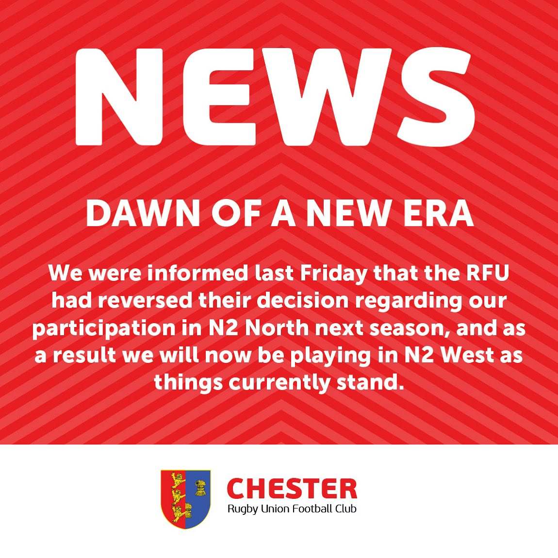 RUFCChester's tweet photo. We were informed last Friday that the RFU had reversed their decision regarding our participation in N2 North next season, and as a result we will now be playing in N2 West as things currently stand.

https://t.co/jZed3rURm7 https://t.co/foy0tUTfha