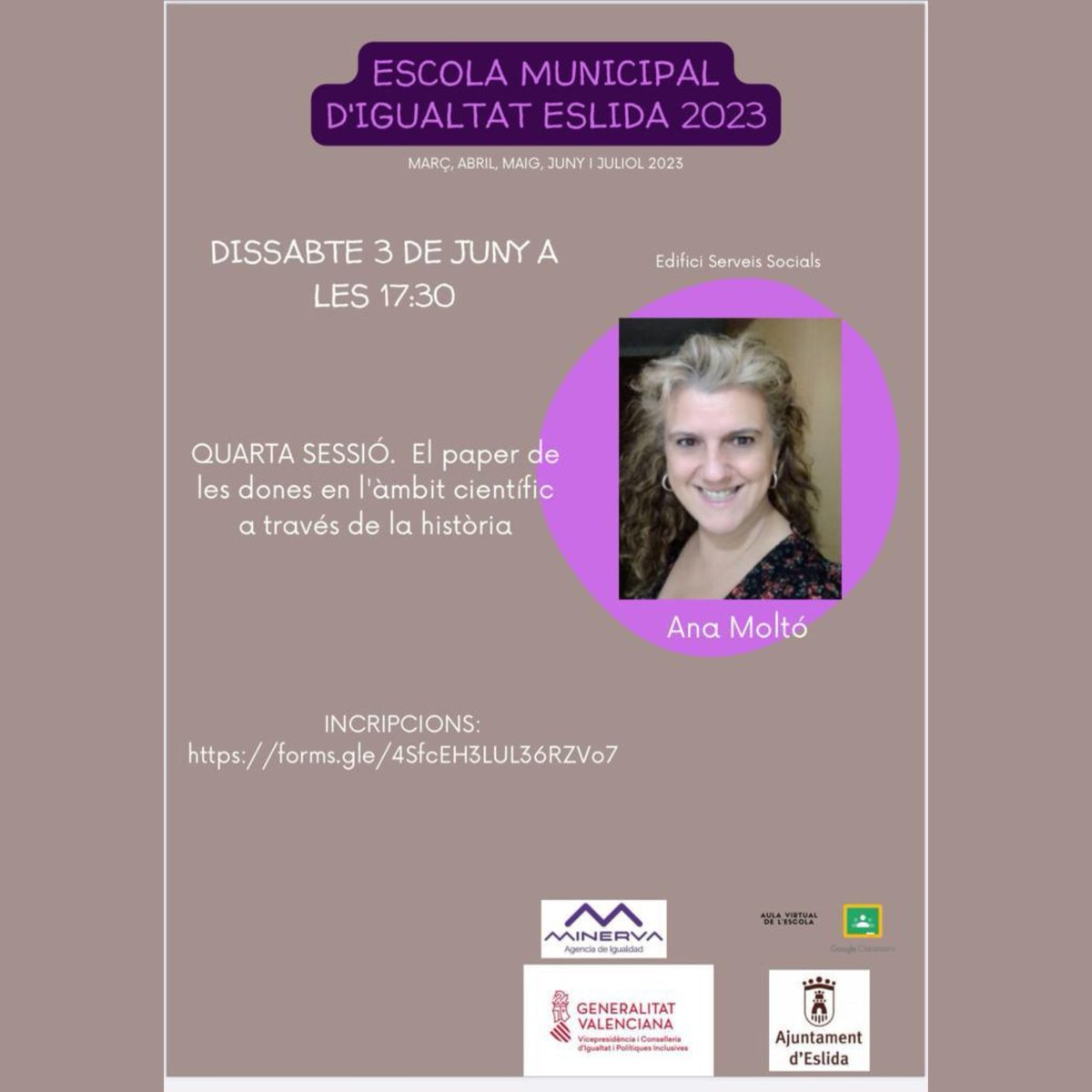 ajuntaeslida's tweet photo. 🟣 L'escola municipal d'igualtat d'Eslida continua. El dissabte 3 de juny, Ana Moltó parlarà de “El paper de les dones en l'àmbit científic a través de la història”.

Per a poder participar, és necessari inscriure's en el següent enllaç 👇
https://t.co/3X6ztXAiis https://t.co/EyN6aKvfQG