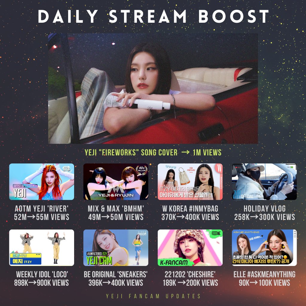 YEJI_fancams's tweet photo. [ DAILY STREAM REMINDER ] 🔔

“Fireworks” cover goal 🔜 1M views
🎆 https://t.co/uiMFLaNQgE

Playlists for background streaming:
① 🎆 + Choom + Fancams https://t.co/kJXucAw4rI
② 🎆 + Choom + Fancams + W, ELLE, VLOG for longer streaming https://t.co/dqDCIwQvgK

#YEJI #예지 #ITZY https://t.co/NZgtZxYJ8J