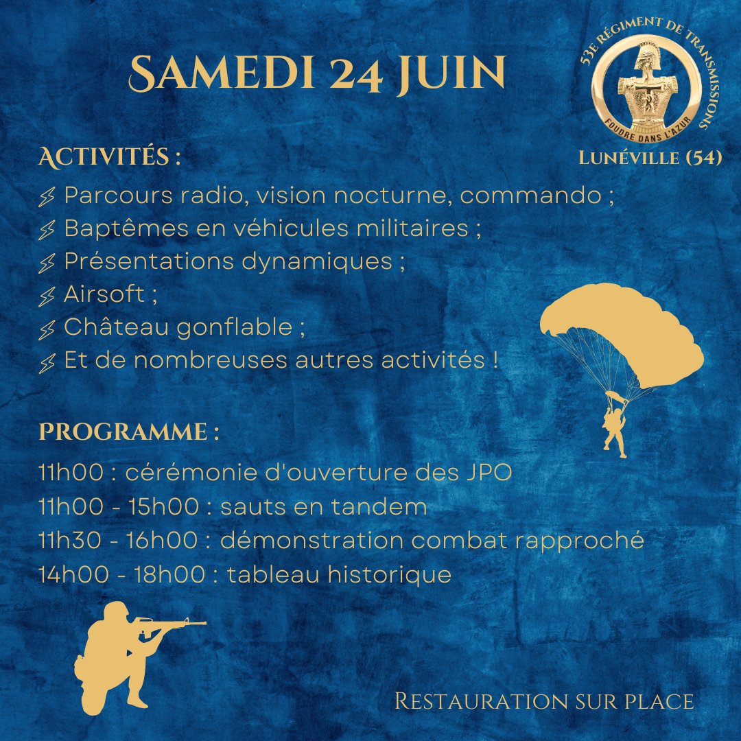 53eRT1's tweet photo. [Journées portes ouvertes]

J-20 avant nos JPO ! Découvrez dès à présent le programme du samedi 24 juin ! 

Et rendez-vous dans les prochains jours sur nos réseaux pour la suite du programme 🤫

#ArméeDeTerre #ArméeNation #JPO #Garnison 

@armeedeterre @armeeszne @COMSIC_FR https://t.co/1TjRQRuCmG