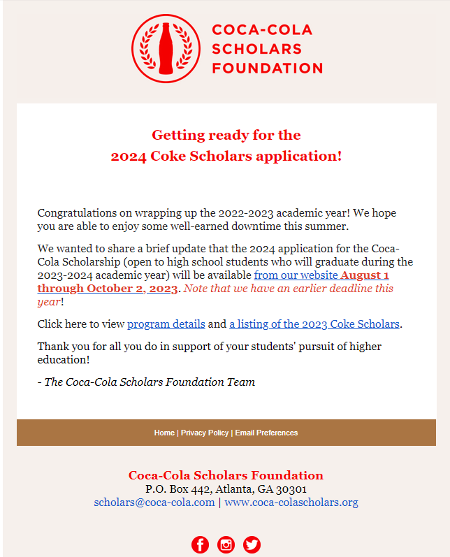 Great Scholarship opportunity for rising seniors! 😎👀

coca-colascholarsfoundation.org/apply/