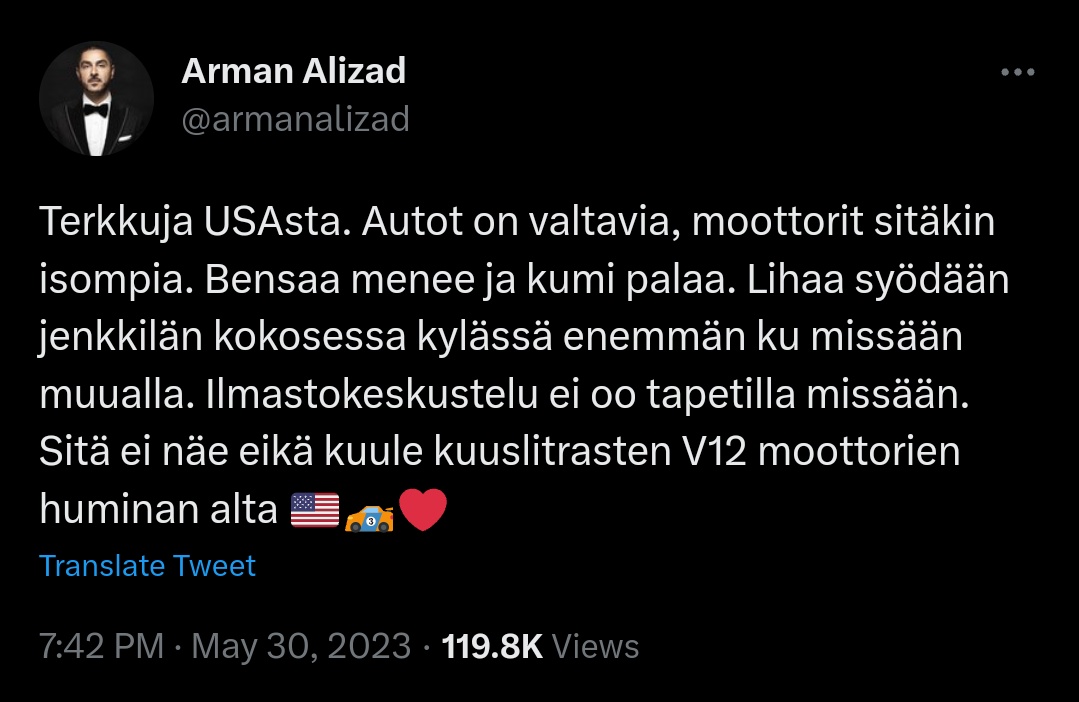 Pitikö tässä olla siis jotain hienoa? Oikein sydän-emoji perään.

#ArmanAlizad #USA #ilmastonmuutos #liha #autoilu #eläinsuojelu #luonto #ympäristö