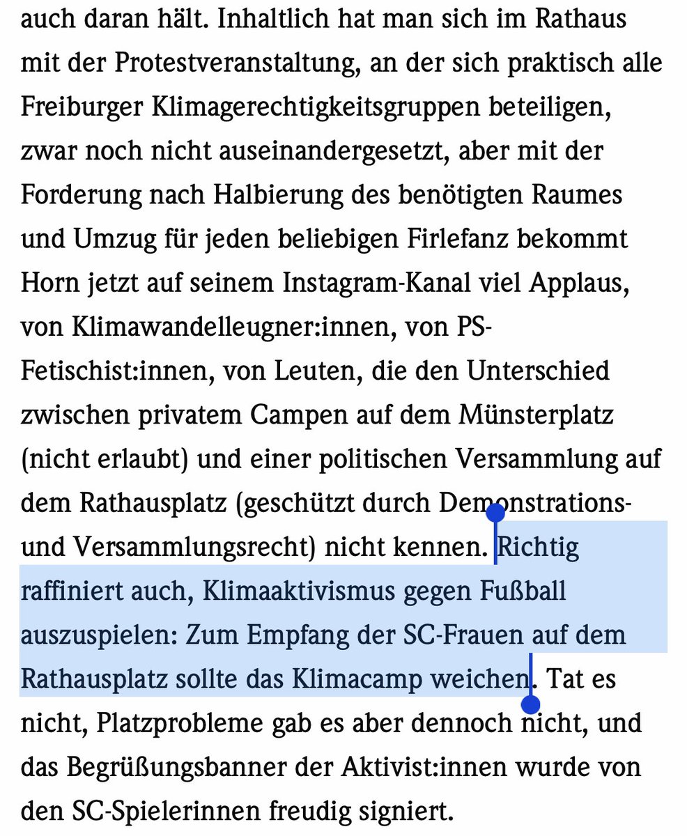 sbamueller's tweet image. Nils Kern zeigt in seinem Leserbrief nochmal deutlich die hinterfotzigkeit von @OBMartinHorn gegenüber dem
#Klimacamp auf: Dessen Vertreibung sollte mit dem Empfang der SC Frauen verknüpft werden!

 badische-zeitung.de/klimaaktivismu… #scffrauen #freiburg
