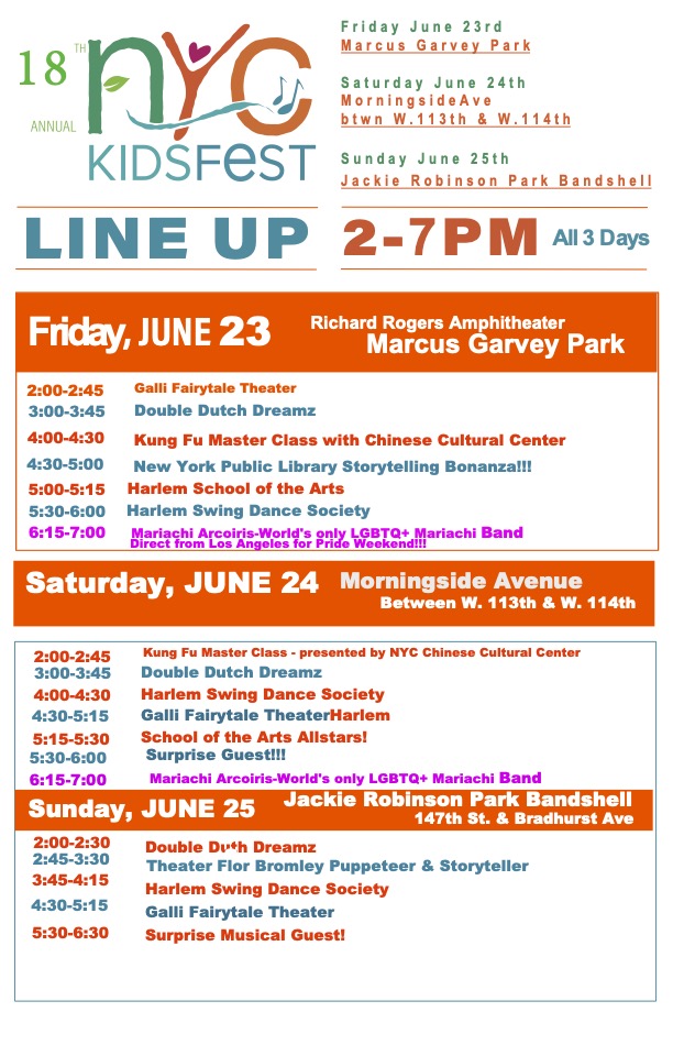 nyckidsfest.org  Don't miss a 3 day extravaganza of music, dance, theater and art. "NYTimes-You could think of this as the Woodstock for the under 12 set."