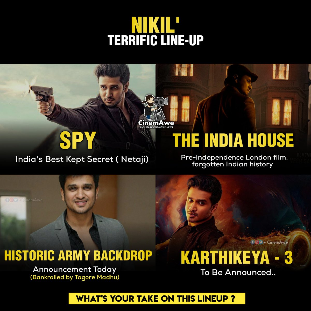 What's your take on this lineup ??

#Nikhil Teriffic Lineup 🔥🔥🔥💥

#Spy #TheIndiaHouse #Karthikeya3