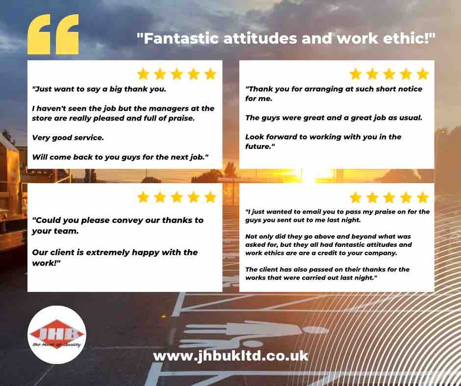 JHB_UKLtd's tweet photo. At JHB, we are so lucky to have such excellent teams working for us.
Consistently achieving outstanding results, leaving our customers extremely happy!
⭐️⭐️⭐️⭐️⭐️
#happycustomers #linemarking #roadmarking #resin #professional #greatworkethic #friendly #hardworking #jhbukltd https://t.co/HnkE66kvvT