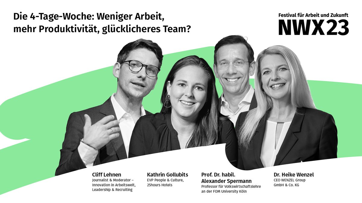 📊Erfahre am 14.06. auf der #NWX23 alles über die #4TageWoche! Kathrin Gollubits und <a href="/HeikeWenzel/">Heike Wenzel</a> teilen ihre Erfahrungen, während Prof. Dr. Alexander Spermann die Auswirkungen auf Wirtschaft und Arbeitsmarkt beleuchtet. 💼🌍💡