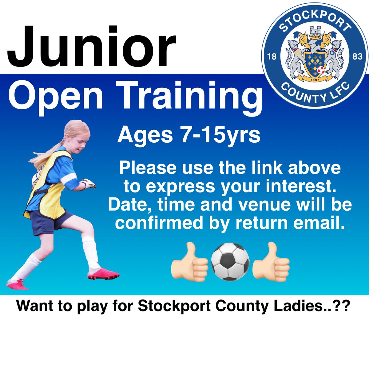 CountyWomen_'s tweet photo. WANT TO PLAY FOR STOCKPORT COUNTY LADIES? : Junior Open Training sessions are now open!

Please use this link to register your interest 👍🏻⚽️

https://t.co/f5GEv80pay https://t.co/yzVG0Csd65