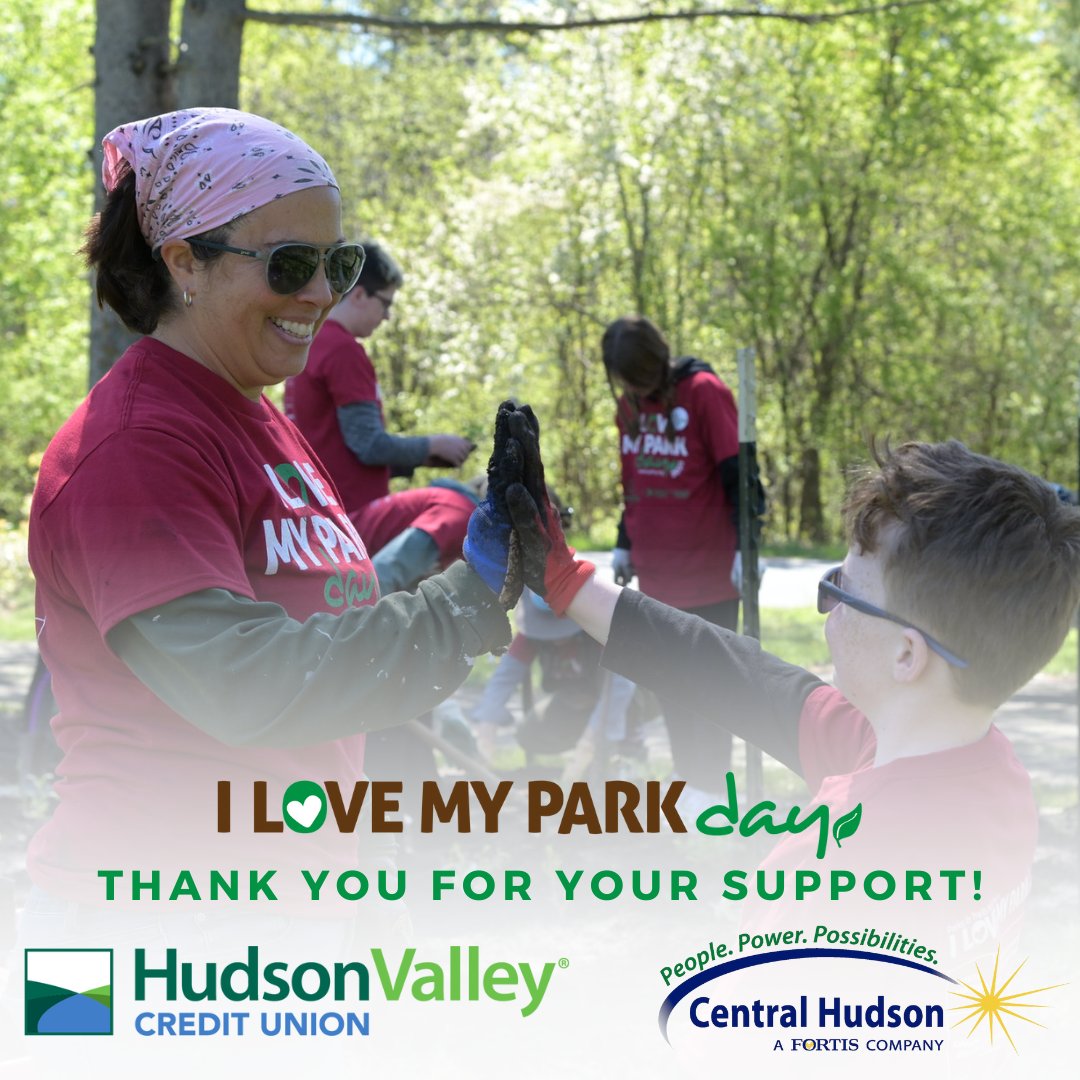 PTNY's tweet photo. Thank you to our event sponsors, Hudson Valley Credit Union and @CentralHudson for supporting this year’s #ILoveMyParkDay! With their help, over 1,000 NEW volunteers joined in beautification and enhancement projects at parks, trails and public lands across the state. https://t.co/yA2NqpiQNv