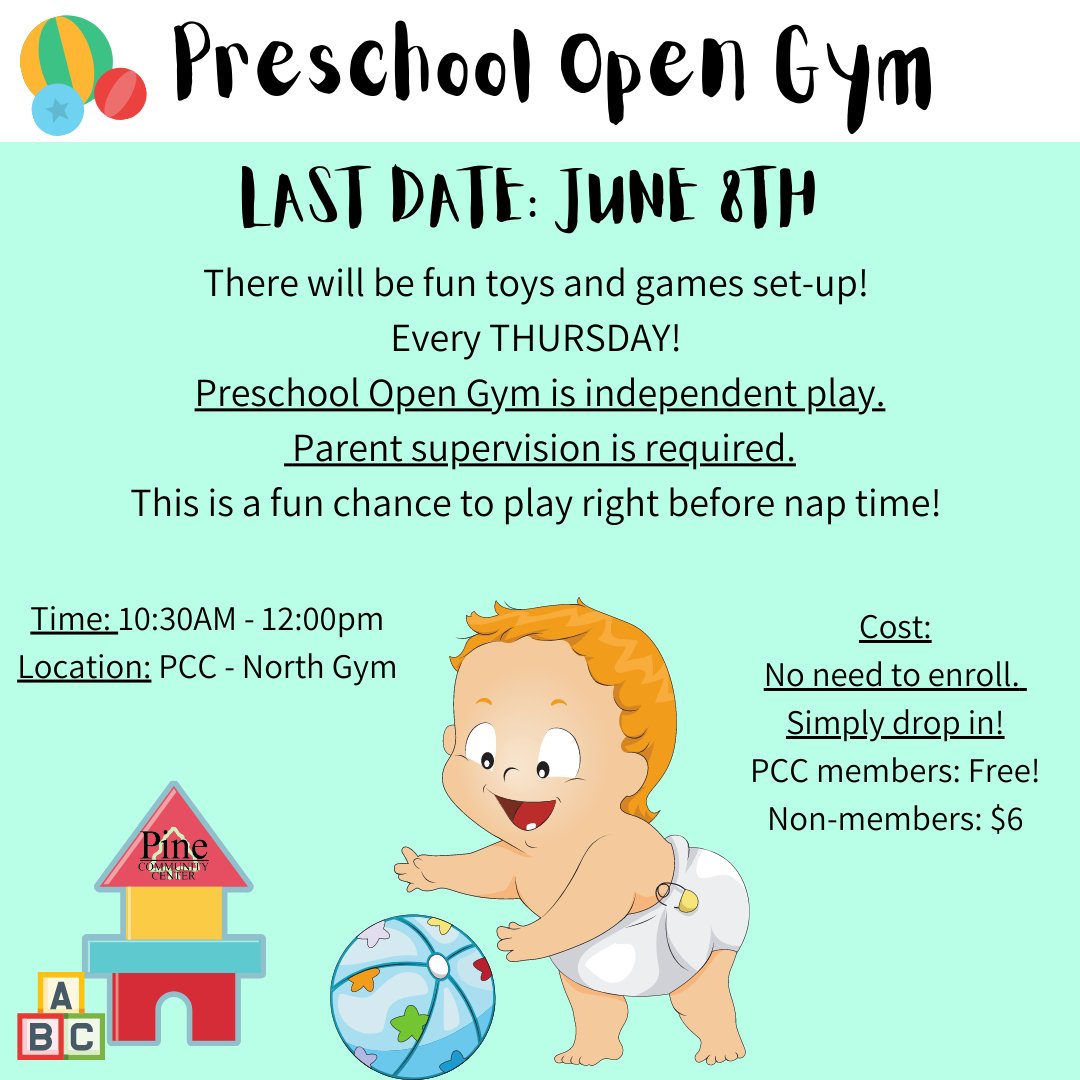 pinecommcenter's tweet image. Due to Summer Rec starting on June 12th we will have to put a pause on our Preschool Open Gym Program. The last date will be on June 8th. However, it will pick back up on August 10th!