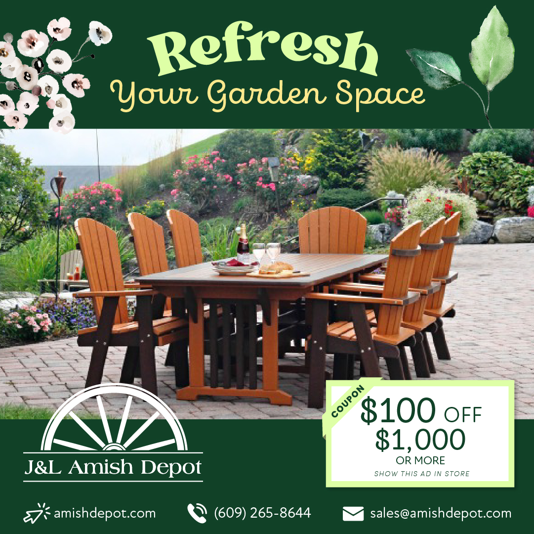 Make your outdoor space a place of relaxation and rejuvenation with J&L Amish Depot's Amish-made structures and furniture. Save $100 off any purchase of $1,000 or more in May. #outdoorrelaxation #outdoorfurniture #maydiscount