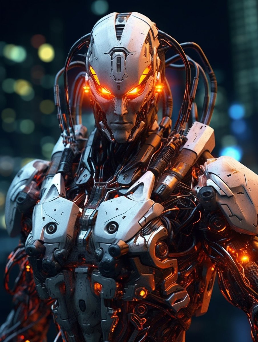 A villain cyborg armed with LEDs and powerful mechanisms, surrounded by hydraulic fluid hoses in a captivating sci-fi setting. #midjourney #AIArtworks #CyberVillain #SciFi. 
👉 #Prompt in Alt.