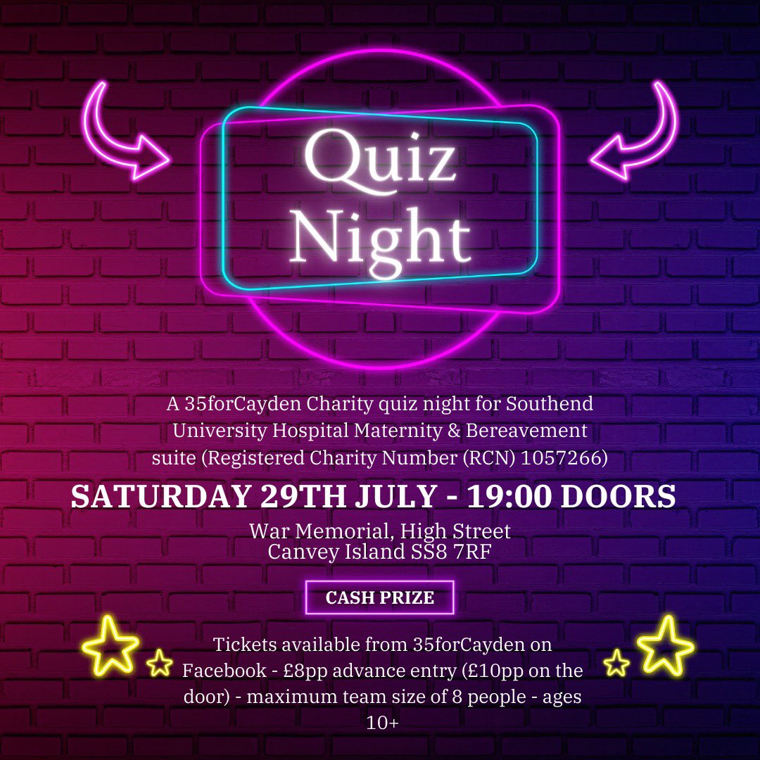 Here are the details to our Quiz night! You can also find more information on our Facebook page 35ForCayden