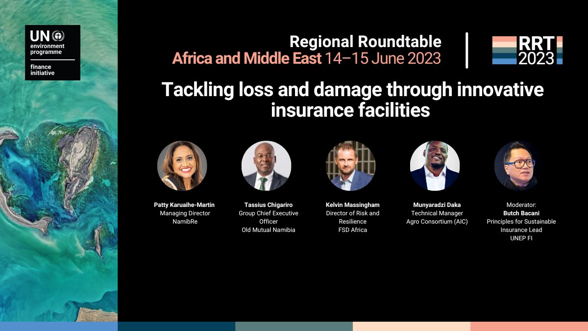 The UNEP FI Regional Roundtable Africa &amp; Middle East takes place on 14-15 June in Windhoek, Namibia. Join us to explore topics including sustainable insurance, loss &amp; damage and #ESG risk management. Register here: ow.ly/ylqt50OAskw #RRT2023