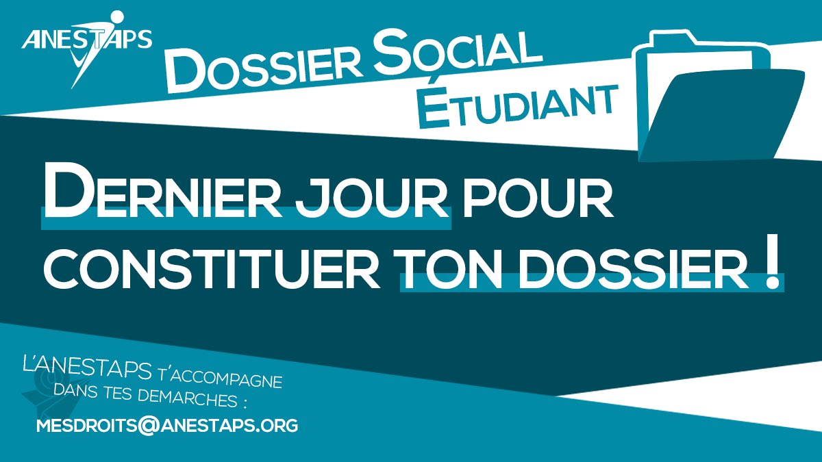 [Bourses📈 et logement🏠]

La campagne de dépôt du Dossier Social Etudiant🗂️ se termine aujourd’hui ❕

➡️Rempli•e-le dès maintenant : etudiant.gouv.fr/fr/bourse-et-l…

L'<a href="/ANESTAPS/">ANESTAPS</a> se tient disponible pour t'accompagner 🤝dans tes démarches : mesdroits@anestaps.org 📥