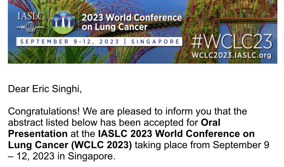 Excited to share that our work has been accepted for oral presentation @IASLC #WCLC23! @jillfeldman4 @ADesaiMD @FawziAbuRous 

See you all in Singapore!! ✈️ 🇸🇬 #lcsm #3MusketeersforLCSM @LungCancerRx @MDAndersonNews