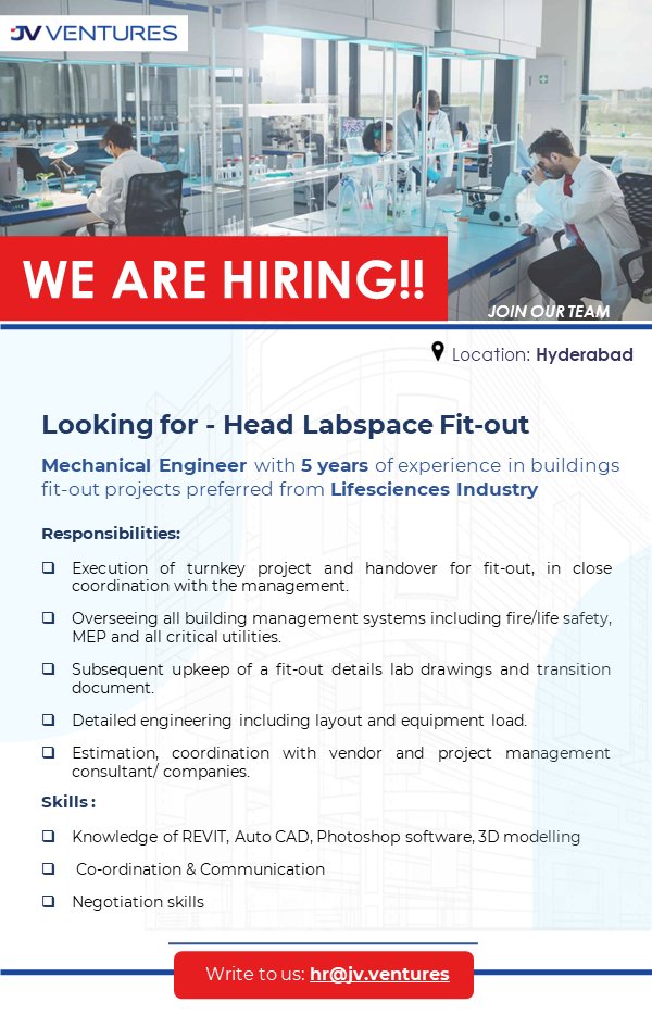 jv_ventures's tweet photo. #wearehiring
JV Ventures is looking for a Mechanical Engineer with 5 years of experience.
Job Location - Hyderabad, India
#Join our team!

Interested candidates can write to us at hr@jv.ventures
Know more about JV ventures at https://t.co/CyaZn4ERBX
#mechinalengineers #jobsearch https://t.co/IlkuwjtuoU