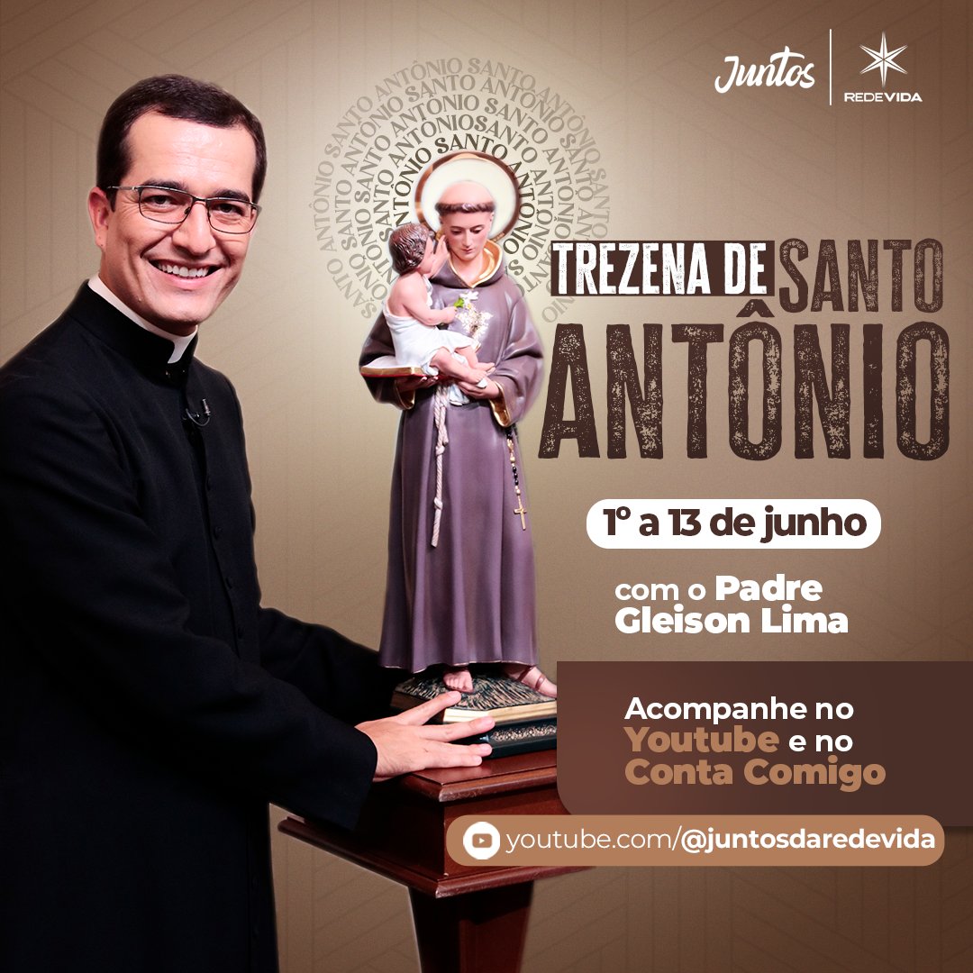 REDEVIDA's tweet photo. Entre os dias 1 e 13 de junho vamos juntos clamar pela intercessão do santo dos milagres, na Trezena de Santo Antônio 🙏
Padre Gleison Lima nos convida para esta caminhada de fé.
Do dia 1 ao 13/06 no Conta Comigo e no https://t.co/R1pf3tRRBP 😉
.
.
#santoantonio #trezena https://t.co/5On17b1LHF