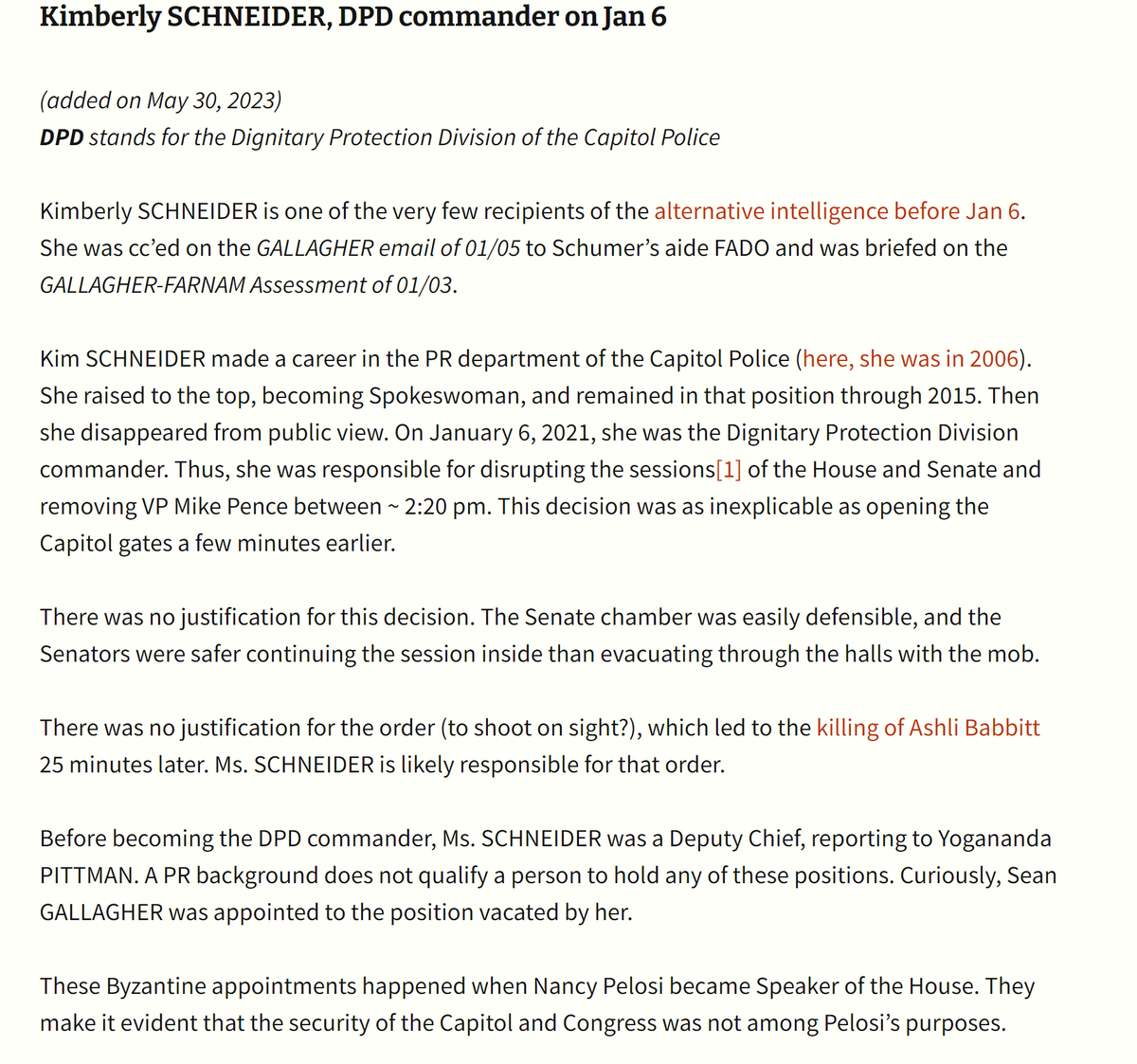 Kimberly SCHNEIDER, the USCP DPD commander on #Jan6, is another suspected seditioner. She received alt-intel, produced by GALLAGHER (in part, with Julie FARNAM) & hidden from the rest of the USCP. Other suspects are Yogananda PITTMAN & Kelly FADO. defyccc.com/pre-jan-6-inte…