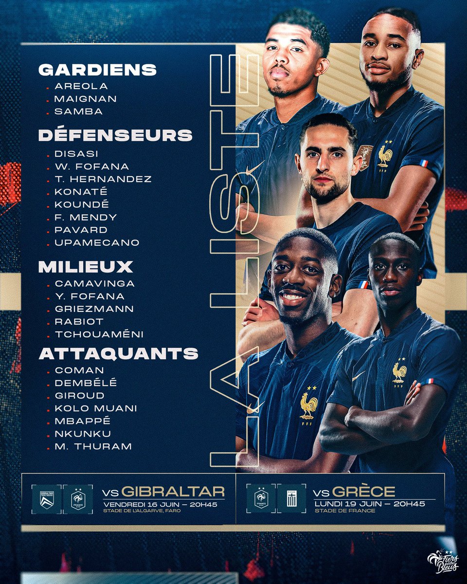 _BeFootball's tweet photo. 🔴 𝗢𝗙𝗙𝗜𝗖𝗜𝗘𝗟 ! Voici la liste de Didier Deschamps pour affronter la Grèce et Gibraltar en qualifications pour l'EURO 2024 ! 🇫🇷

Vous validez ? 👀

📸 @equipedefrance https://t.co/2tj7IUIpWy