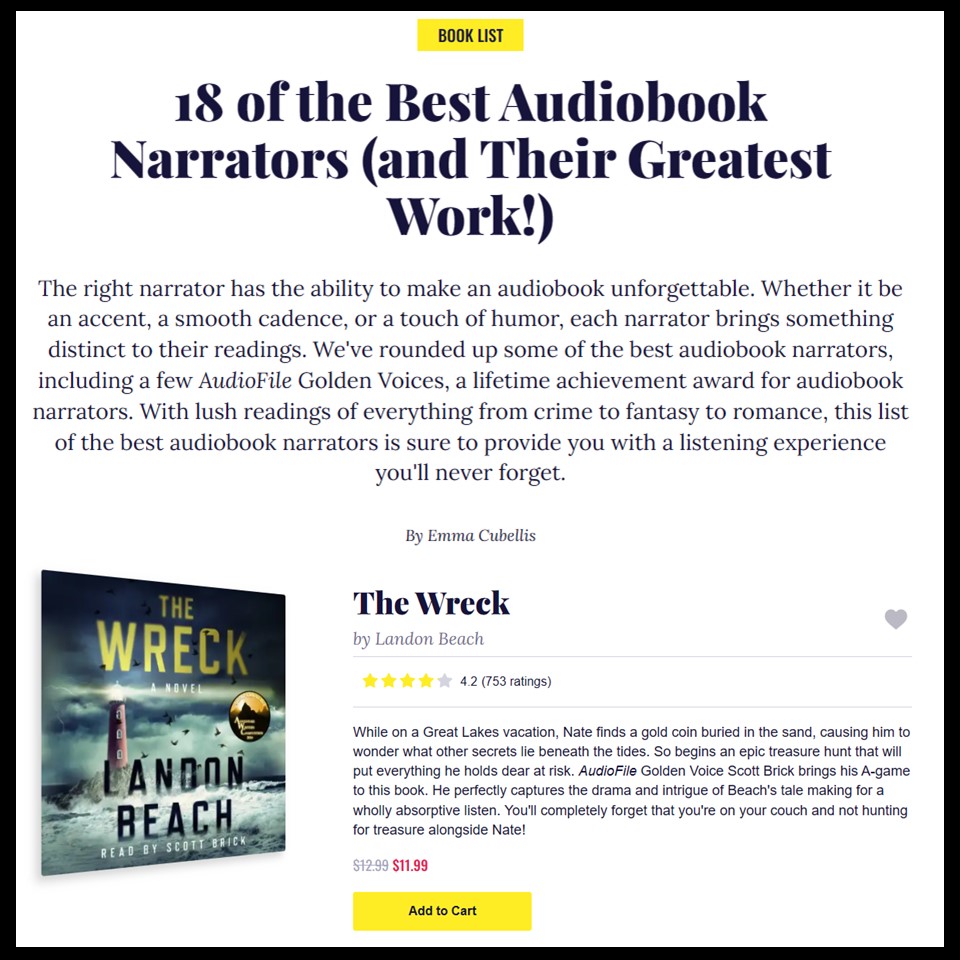 Honored to be featured in this @ChirpBooks article. A special promotion for THE WRECK is coming in June.
#scottbricknarrates #audiobook #audiobooks #book #audible #adventure #puremichigan #audiblebooks #booklist #vo #voiceover #suspense #novel #narrator #audiobooknarrator #summer