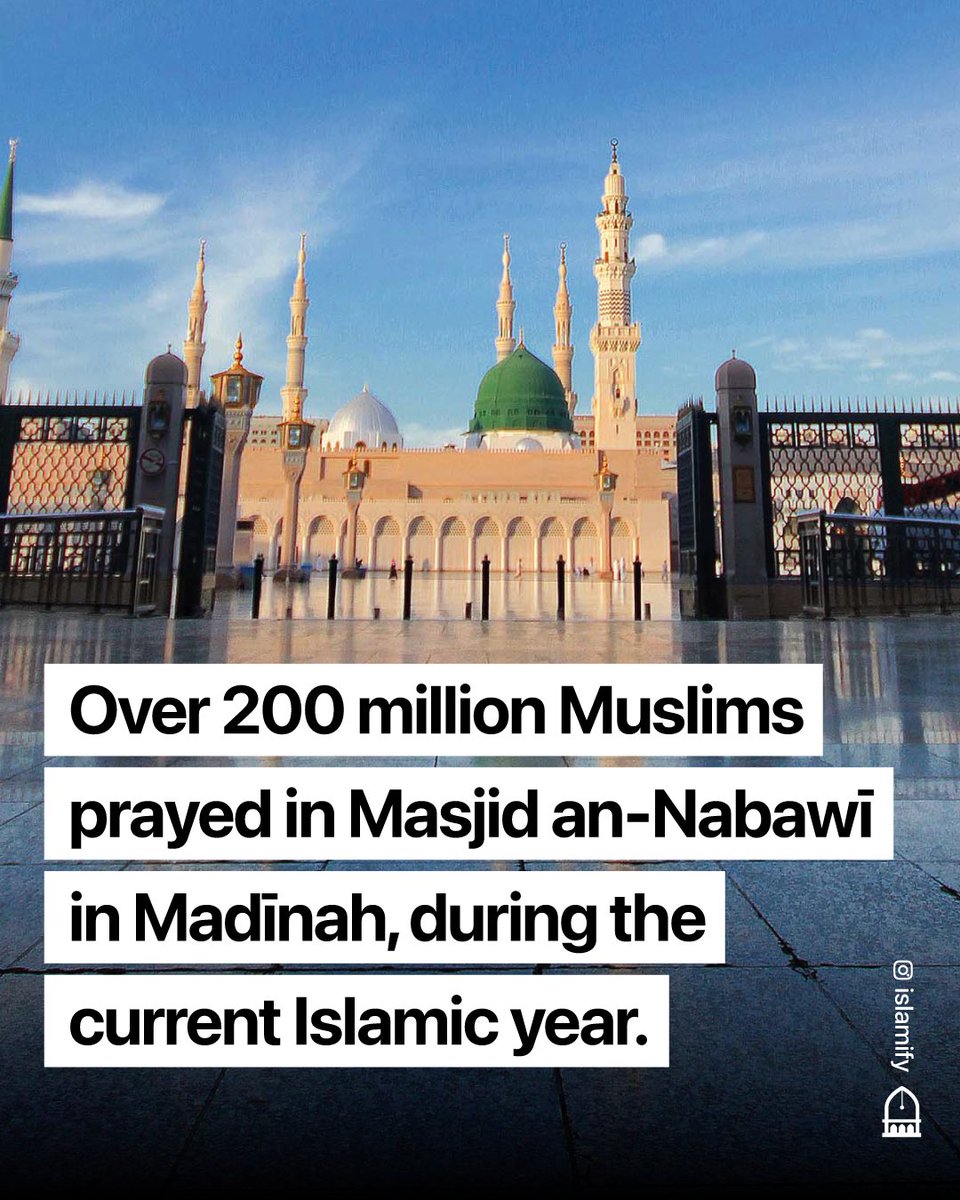 Alhamdhulillaah's tweet photo. The Prophet ﷺ's Masjid had over 200 million Muslims praying in it during the current Islamic year.

The number is set to increase as more Muslims will visited the Masjid during the month of Ḥajj, the last month in the Islamic calendar. https://t.co/HO6q2kCeJr